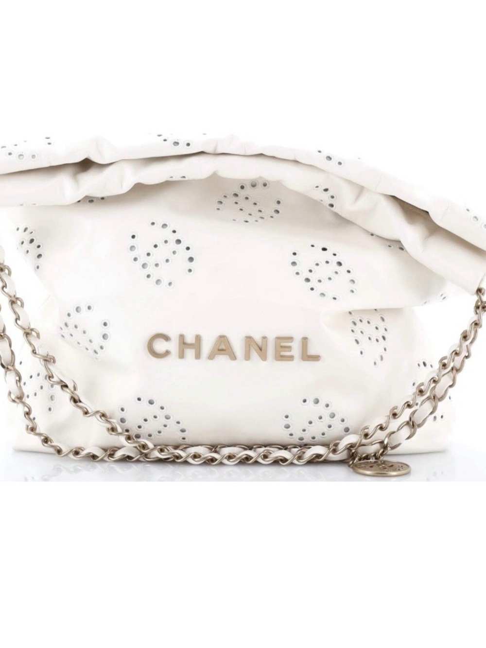 Rare CHANEL 22 Hobo White CC Eyelet Embroidered